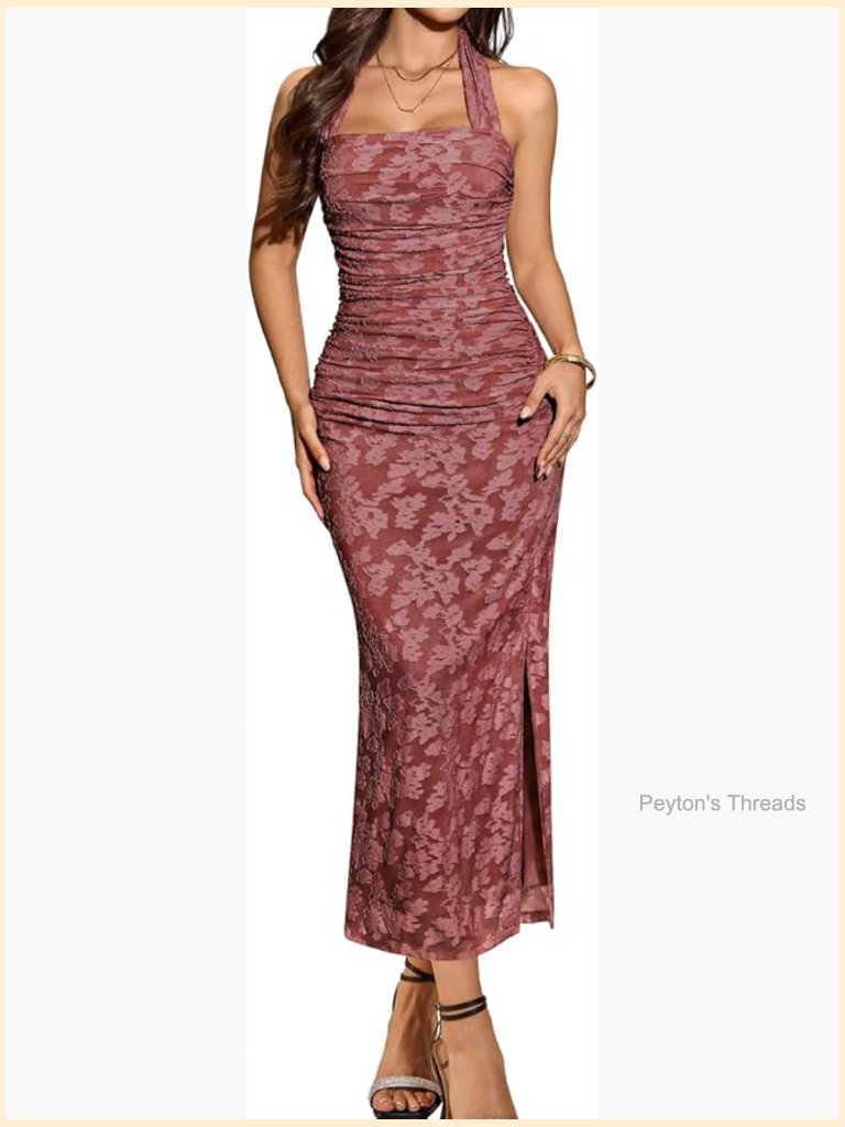 Halter Bodycon Maxi Ruched Backless Wedding Guest Cocktail Dress